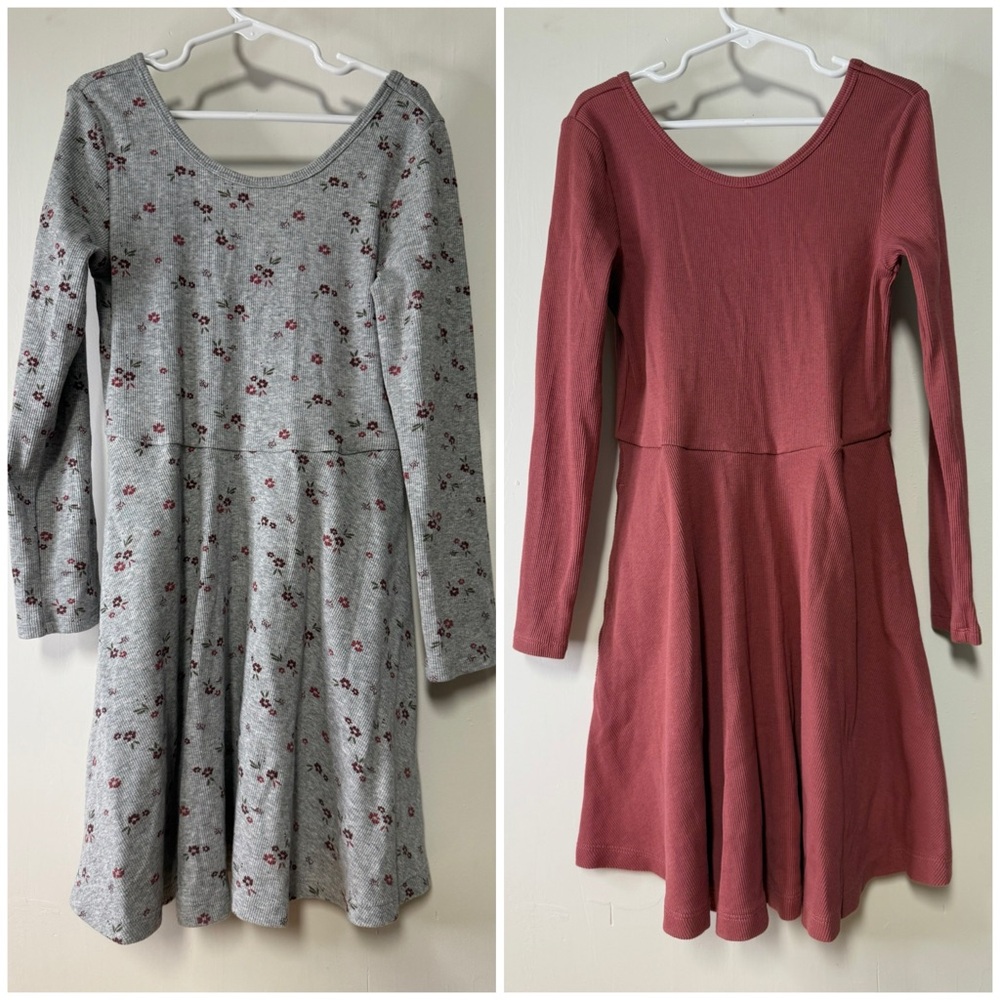 Bundle of 2 girls dresses- Floral Gray and Solid Pink, size 7